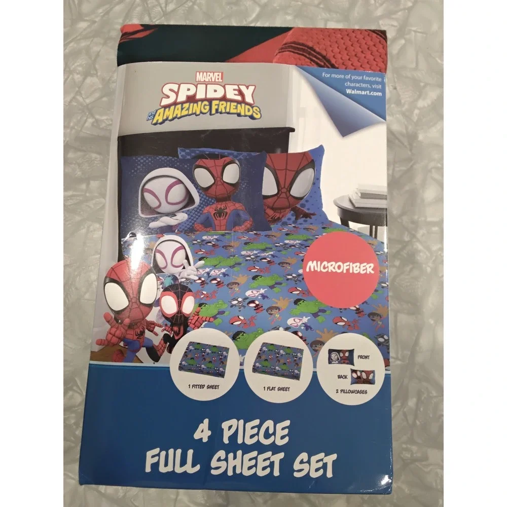Marvel Spidey and His Amazing Friends 4 Piece Full Sheet Set Blue Microfiber New